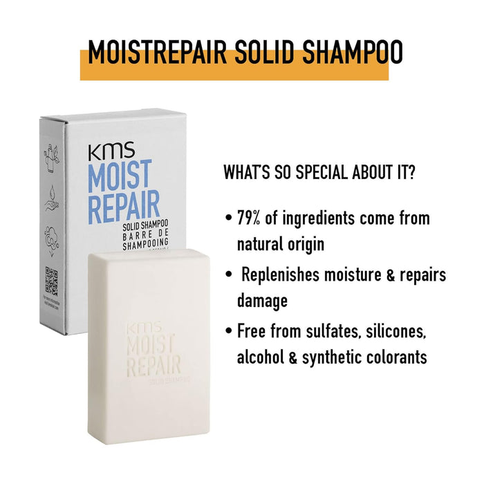 KMS Moist Repair Solid Shampoo: Free from sulfates, silicones, alcohol, and synthetic colorants. Replenishes moisture and repairs damage. 79% of ingredients come from natural origin.