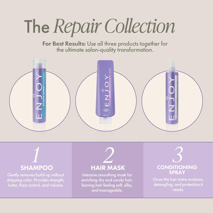 Advertisement for 'ENJOY' hair care products with shampoo, hair mask, and conditioning spray on a light gray background.