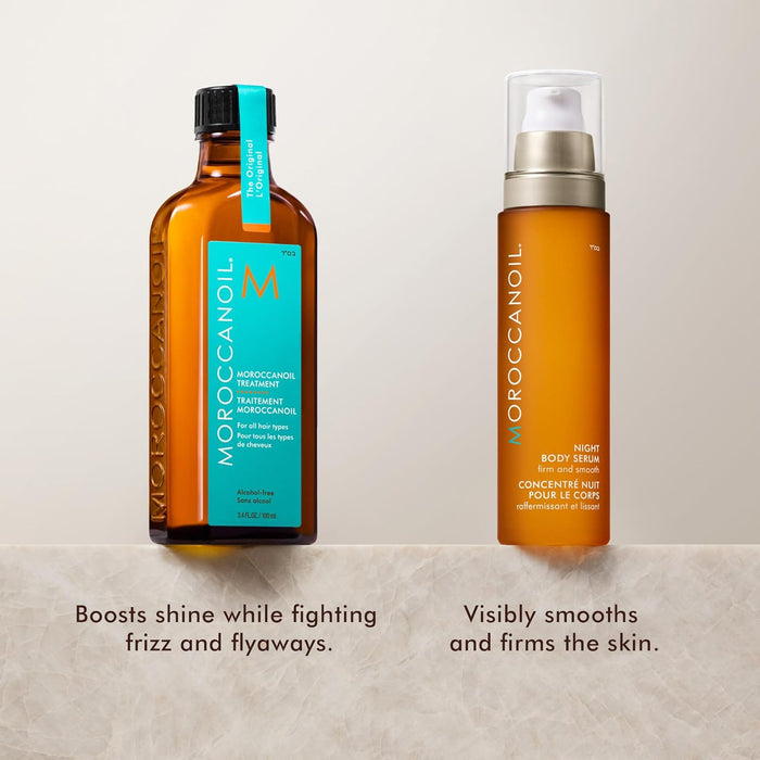 Two Moroccanoil products explaining their benefits on a beige background