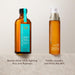 Two Moroccanoil products explaining their benefits on a beige background