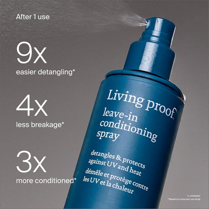 Living Proof leave-in conditioning spray bottle with text highlighting benefits on a gray background