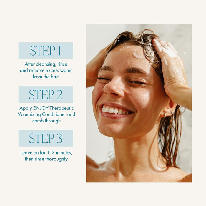 Woman with wet hair and steps for using ENJOY Therapeutic Volumizing Conditioner on a white background
