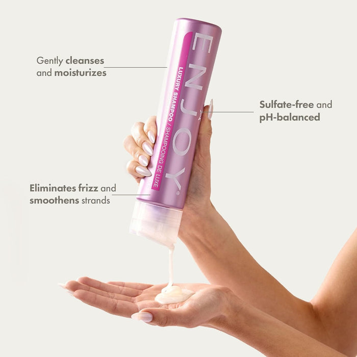 Pink shampoo bottle labeled 'ENJOY Luxury Shampoo' with text about its benefits on a white background
