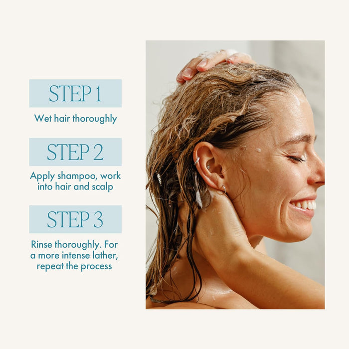 Woman washing her hair with text instructions on a light background