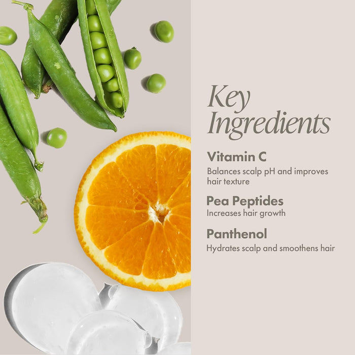 Green peas, orange slice, and white container with text on key ingredients for hair care.