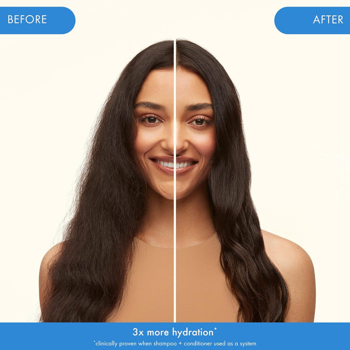 Before and after comparison of a woman's hair with text indicating '3x more hydration'.