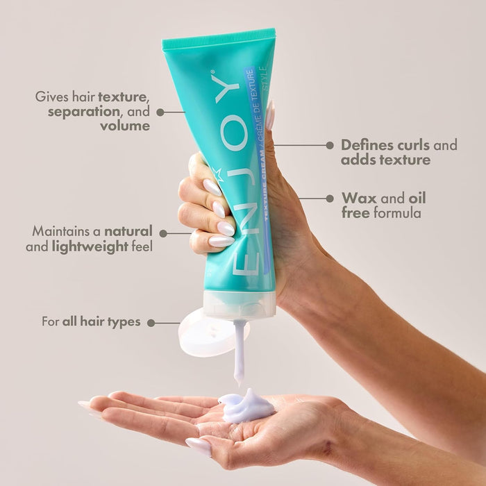 Hand holding a blue tube of hair product with text highlighting its features on a gray background