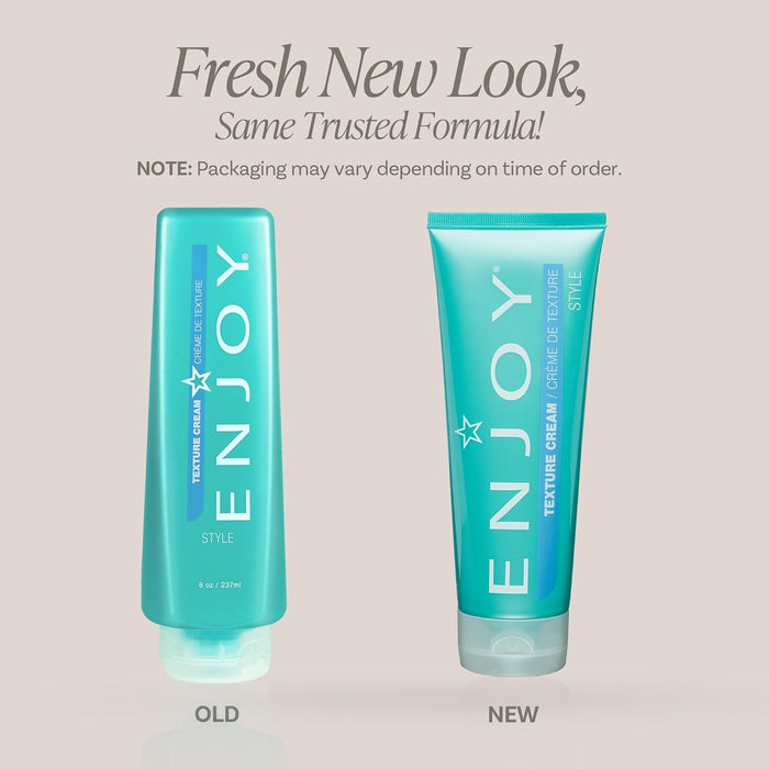 Two bottles of 'ENJOY' texture cream on a beige background with text about a fresh look and trusted formula.