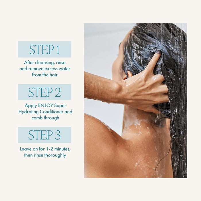 Person applying conditioner to hair with text instructions on a white background