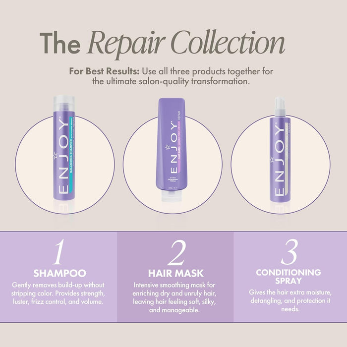 Advertisement for 'ENJOY' hair care products with shampoo, hair mask, and conditioning spray on a light gray background.