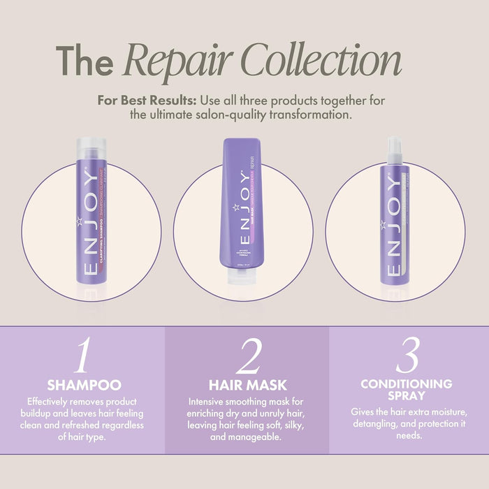 Advertisement for 'ENJOY' hair care products with shampoo, hair mask, and conditioning spray on a light purple background.