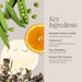 Key ingredients of a hair care product with green peas, orange, and tea leaves on a gray background.