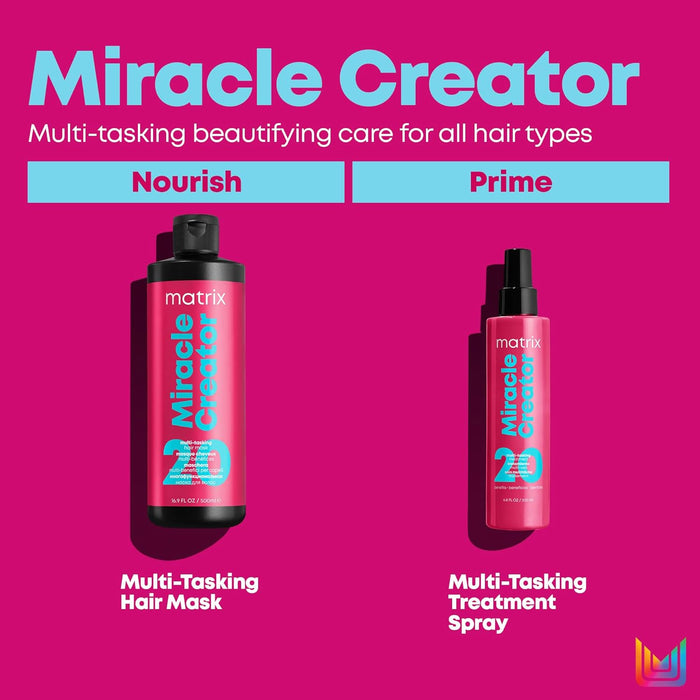 Matrix Total Results Miracle Creator Multi-Tasking Hair Mask nourishes and Miracle Creator Multi-Tasking Treatment Spray primes
