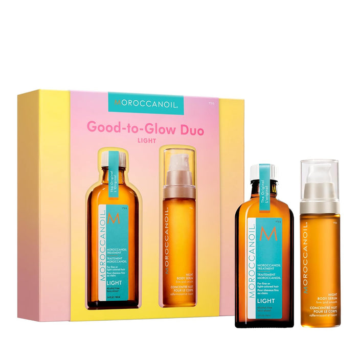 Moroccanoil Good-to-Glow Duo set with two bottles and a box on a white background