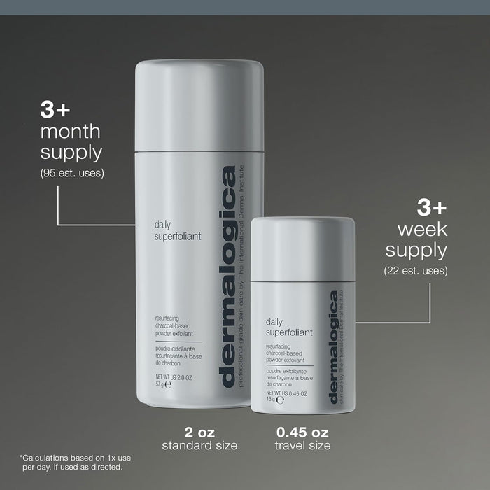 Two bottles of Dermalogica daily superfoliant with size and supply information on a gray background.