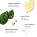 Product ingredients with lemon, leaves, and text on a white background