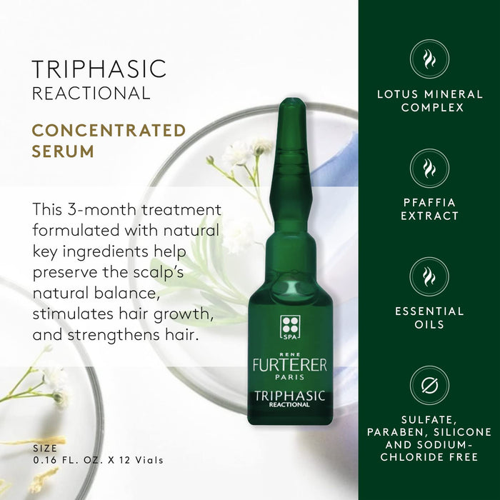 Rene Furterer Triphasic Reactional Concentrated Serum is a 3-month treatment formulated with natural key ingredients to help preserve the scalp's natural balance, stimulate hair growth, and strengthen hair.