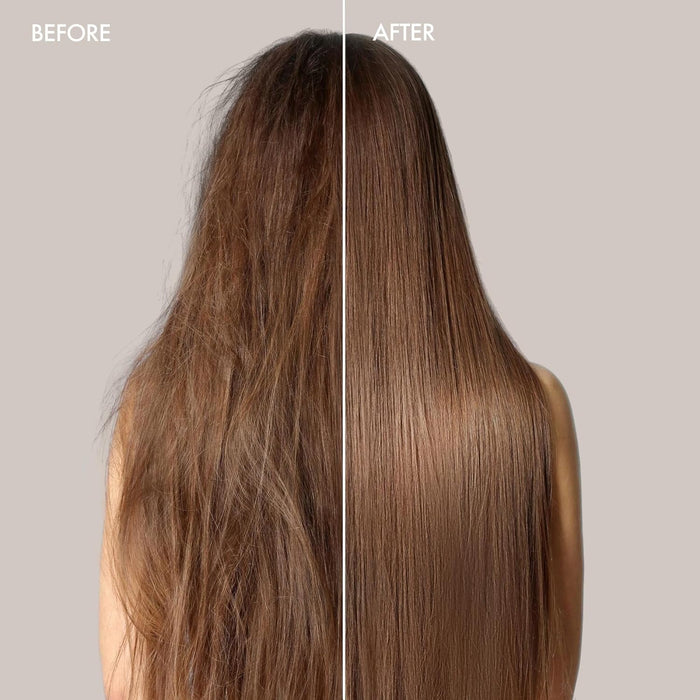Before and after comparison of hair treatment on a person with long brown hair.