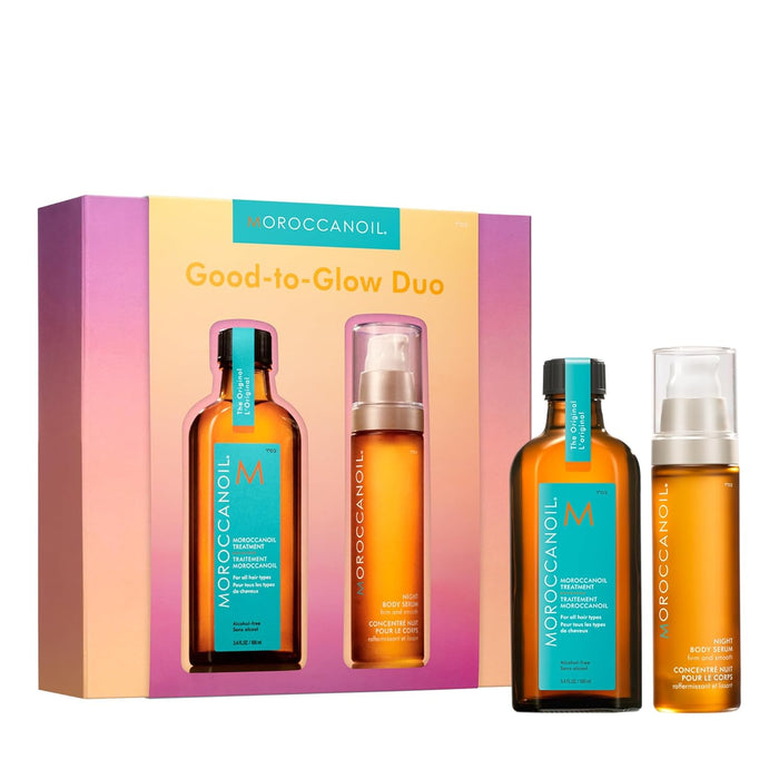 Moroccanoil Good-to-Glow Duo set with two bottles and a box on a white background