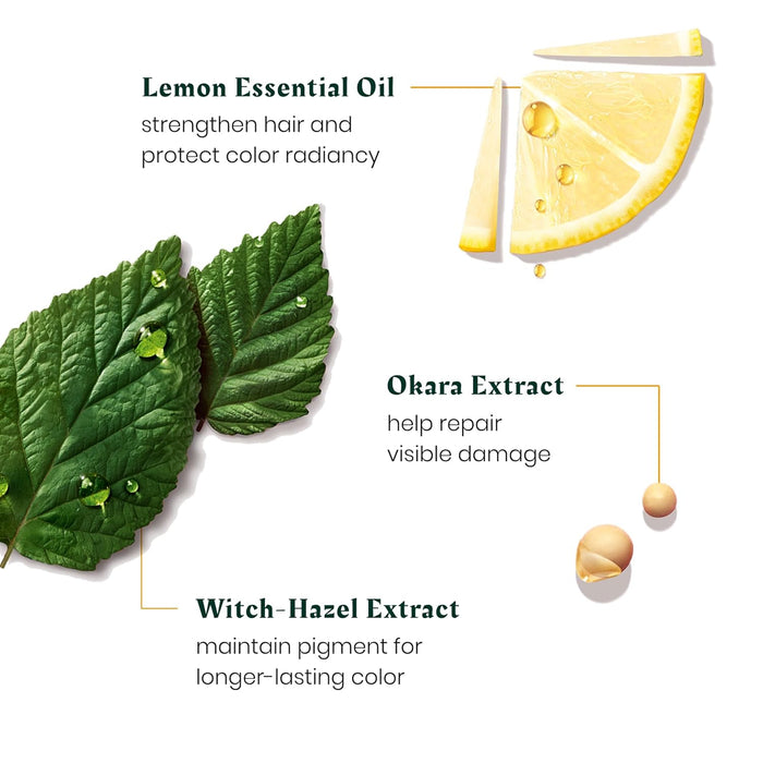 Illustration of lemon, leaves, and droplets with text on hair care ingredients.