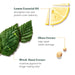 Illustration of lemon, leaves, and droplets with text on hair care ingredients.