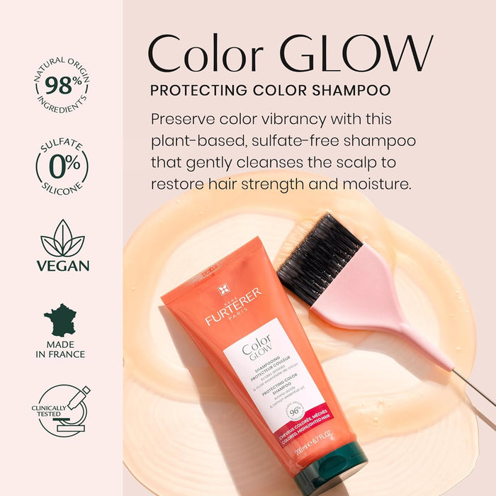 Furterer Color Glow shampoo bottle with brush on a beige background
