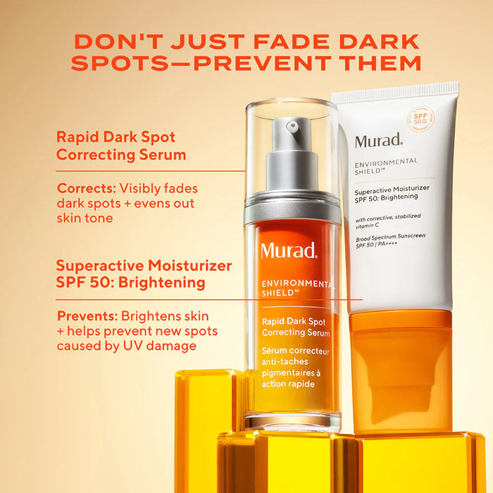 Murad Superactive Moisturizer SPF50 Brightening. Don't just fade dark spots, prevent them with Rapid Dark Spot Correcting Serum and Superactive Moisturizer SPF 50 Brightening