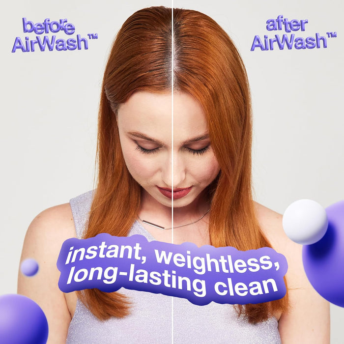 Before and after comparison of a woman's hair with AirWash product, showing clean hair and text about product benefits.