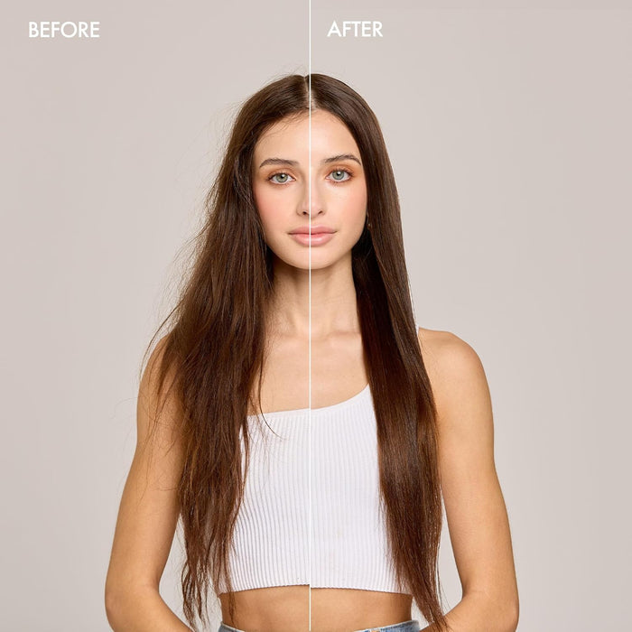 Before and after comparison of a woman with long hair on a plain background