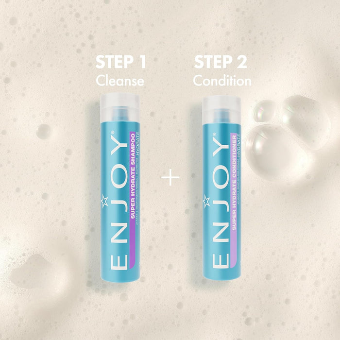 Two bottles of 'ENJOY' shampoo and conditioner on a textured background with 'Step 1 Cleanse' and 'Step 2 Condition' text.
