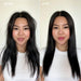 Before and after comparison of a woman with straightened hair against a plain background.