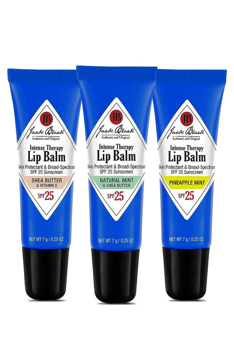 Jack Black Lip Balm Trio including flavors Shea Butter, Natural Mint, and Pineapple Mint. A $30 set for $22