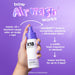 K18 Airwash dry shampoo being held with a purple background and text explaining how it works.