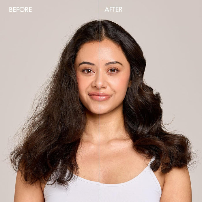 Before and after comparison of a woman with styled hair on a plain background