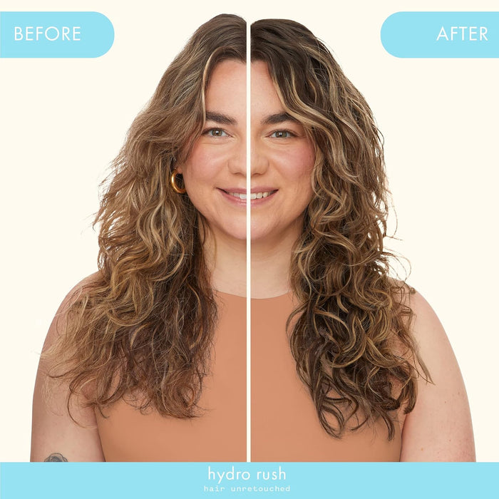 Before and after comparison of a woman's hair with 'hydro rush' product.