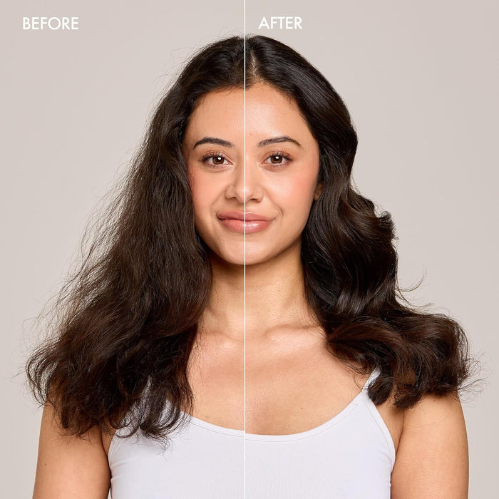 Before and after comparison of a woman with long, dark hair on a plain background