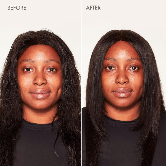 Before and after comparison of a woman with styled hair against a plain background