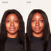 Before and after comparison of a woman with styled hair against a plain background