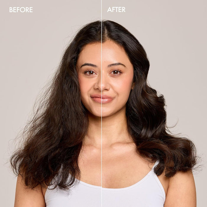 Before and after comparison of a woman with long, dark hair on a neutral background
