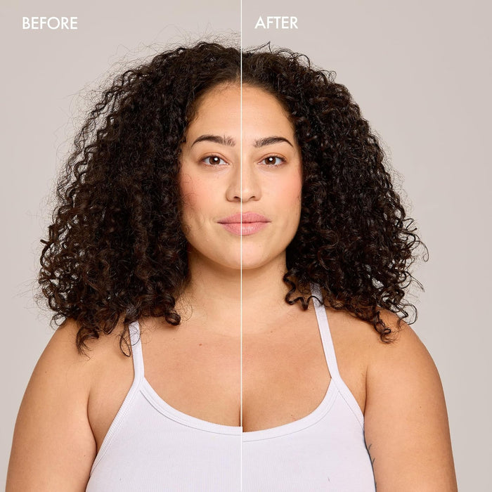 Before and after comparison of a woman with curly hair on a plain background