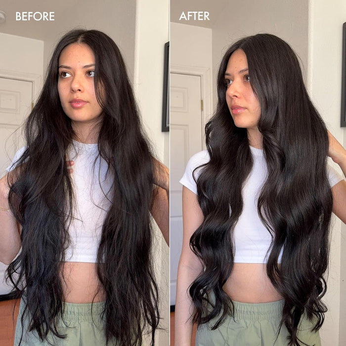 Before and after comparison of a person with long, wavy hair.