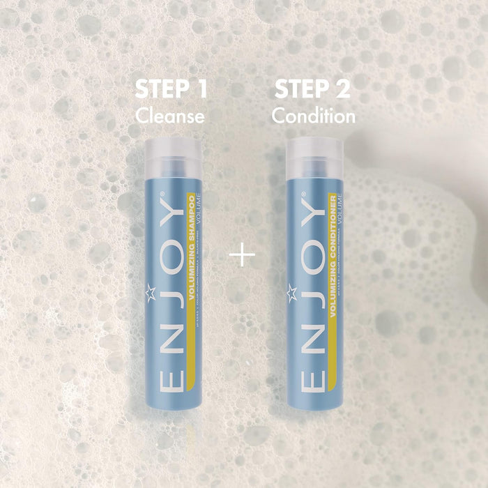 Two bottles of 'ENJOY' shampoo and conditioner on a textured background with 'Step 1 Cleanse' and 'Step 2 Condition' text.