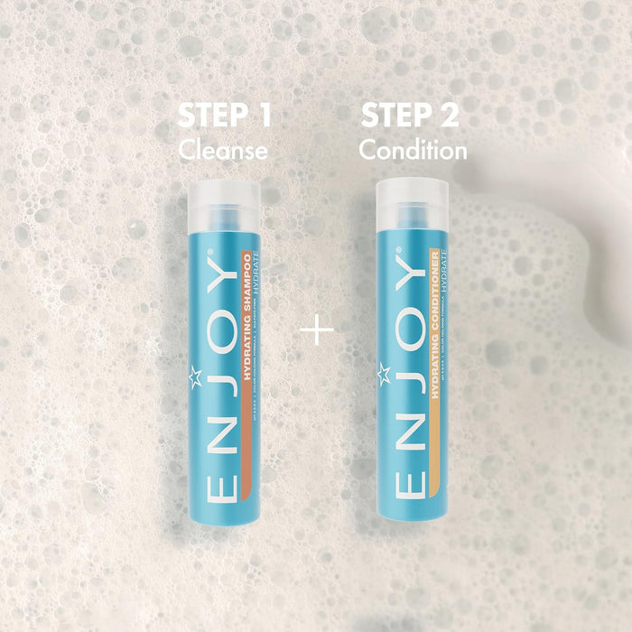 Two bottles of 'ENJOY' shampoo on a textured gray background with 'Step 1 Cleanse' and 'Step 2 Condition' text.