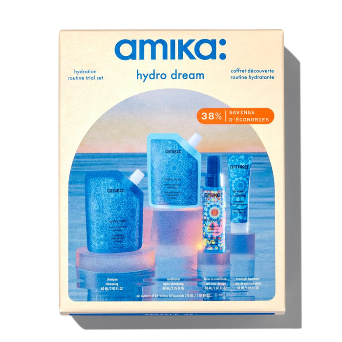 Amika hydro dream product set packaging with blue bottles and a beige box.