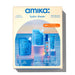 Amika hydro dream product set packaging with blue bottles and a beige box.