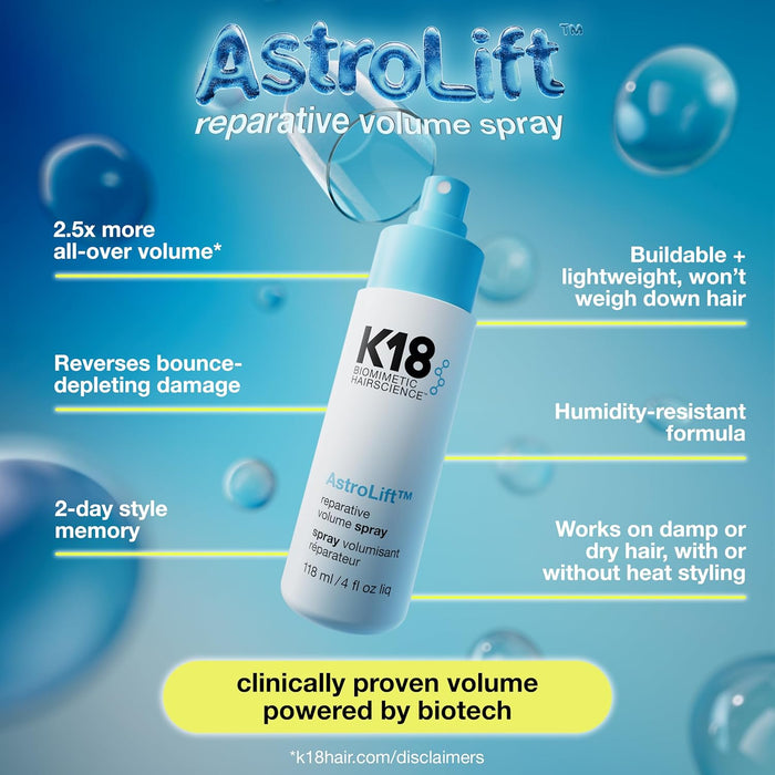 AstroLift reparative volume spray bottle with product features on a blue background