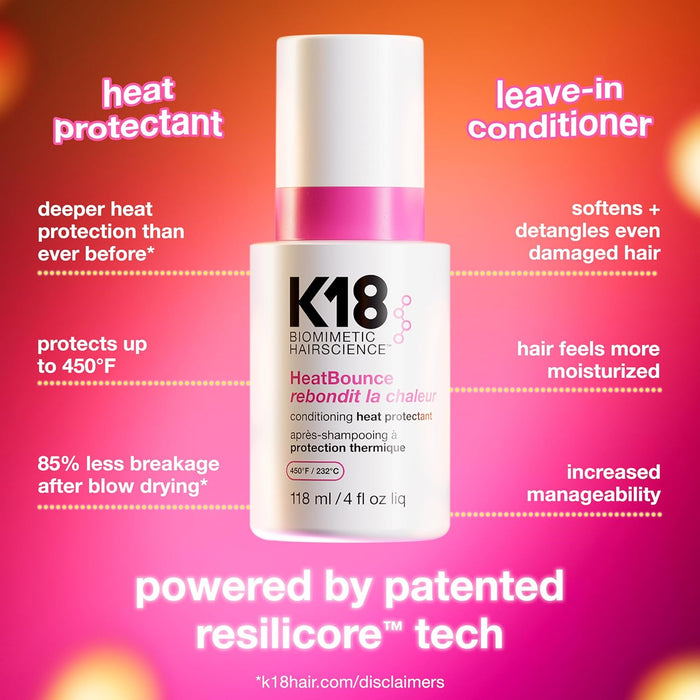 K18 hair care product bottle with text highlighting features and benefits on a colorful background