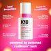 K18 hair care product bottle with text highlighting features and benefits on a colorful background