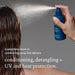 Person using a blue conditioning spray on their hair with text about product benefits.