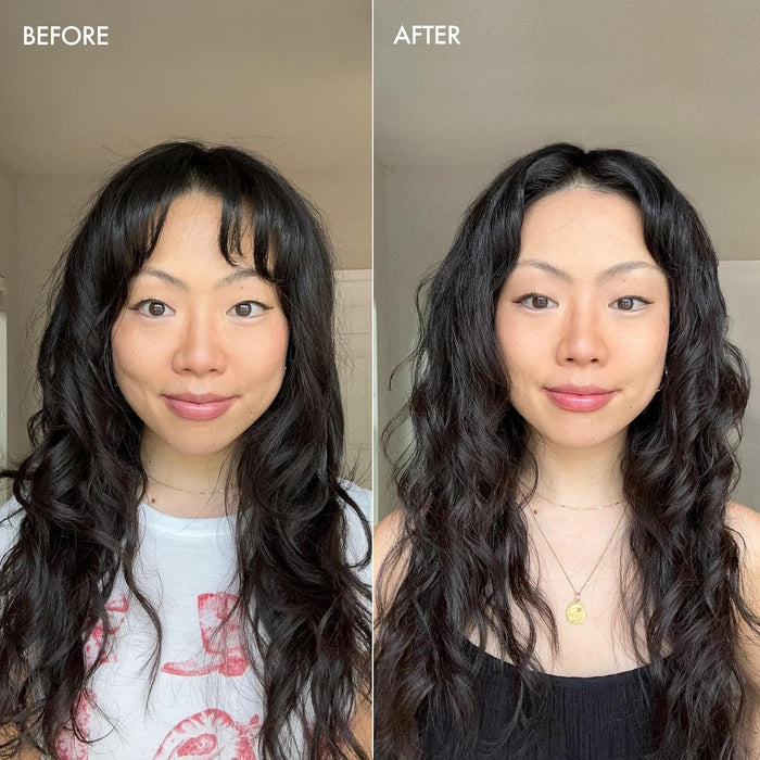 Before and after comparison of a woman with long, wavy hair against a neutral background.